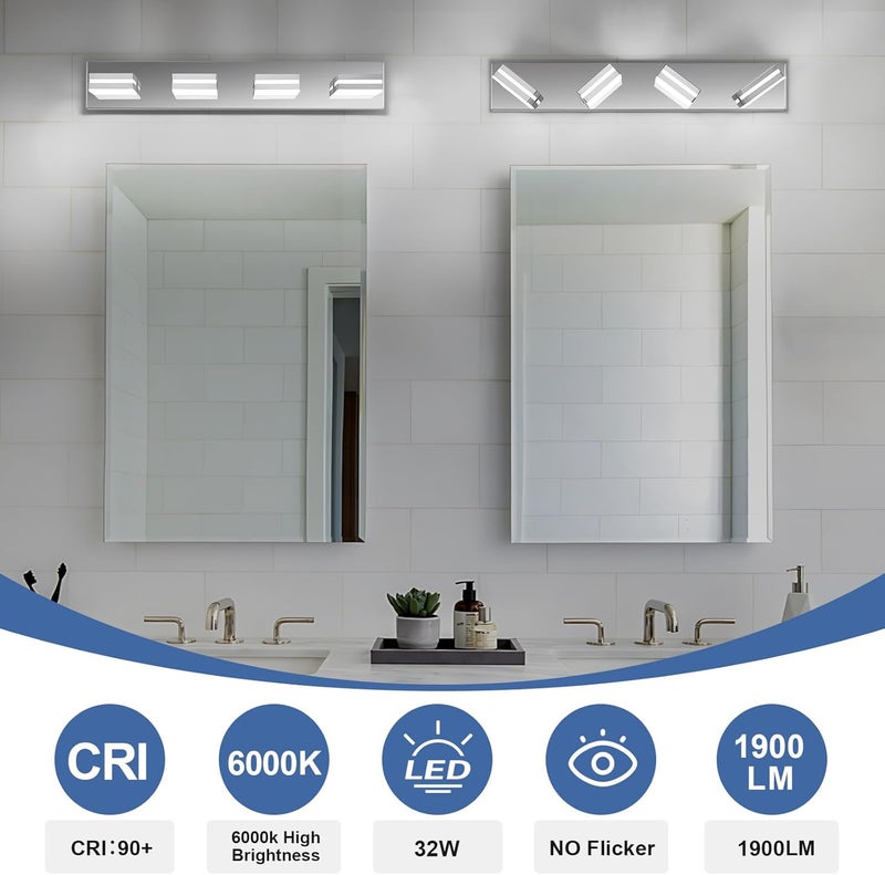 JZEKVN Modern LED Bathroom Lights Fixtures(4-Light),Stainless Steel Chrome Acrylic Wall Lighting,Vanity Lights for Bathroom Over Mirror(6000k 27in) - Image 5